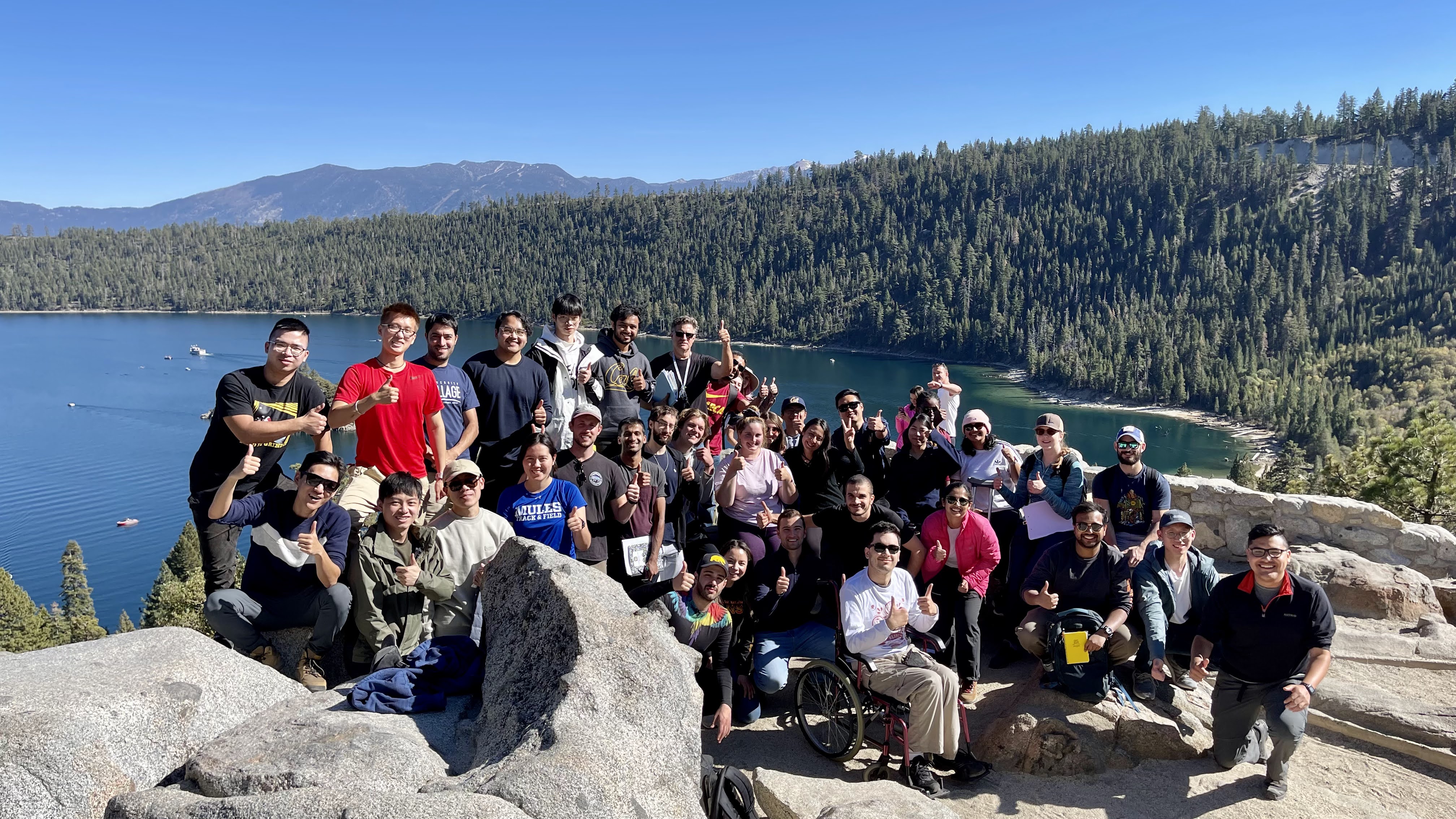 Geosystems MS students enjoying a beautiful day studying the active Tahoe-Sierra Fault Zone, Emerald Bay, Lake Tahoe, CA.