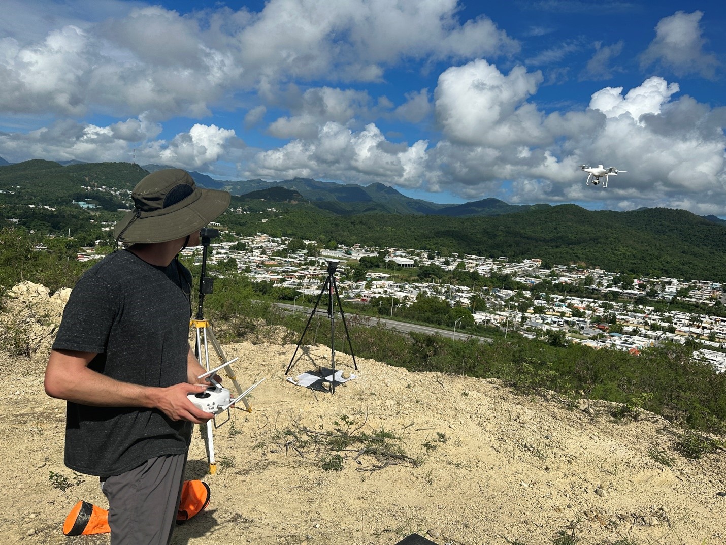 Drew Gomberg flying the Phantom RTK drone to map a landslide in Ponce